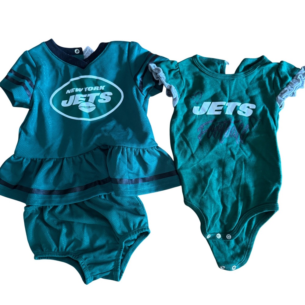NFL New York Jets Baby Girls 3-Piece Set Bodysuit Cheer Top Bloomers 3-6 Months